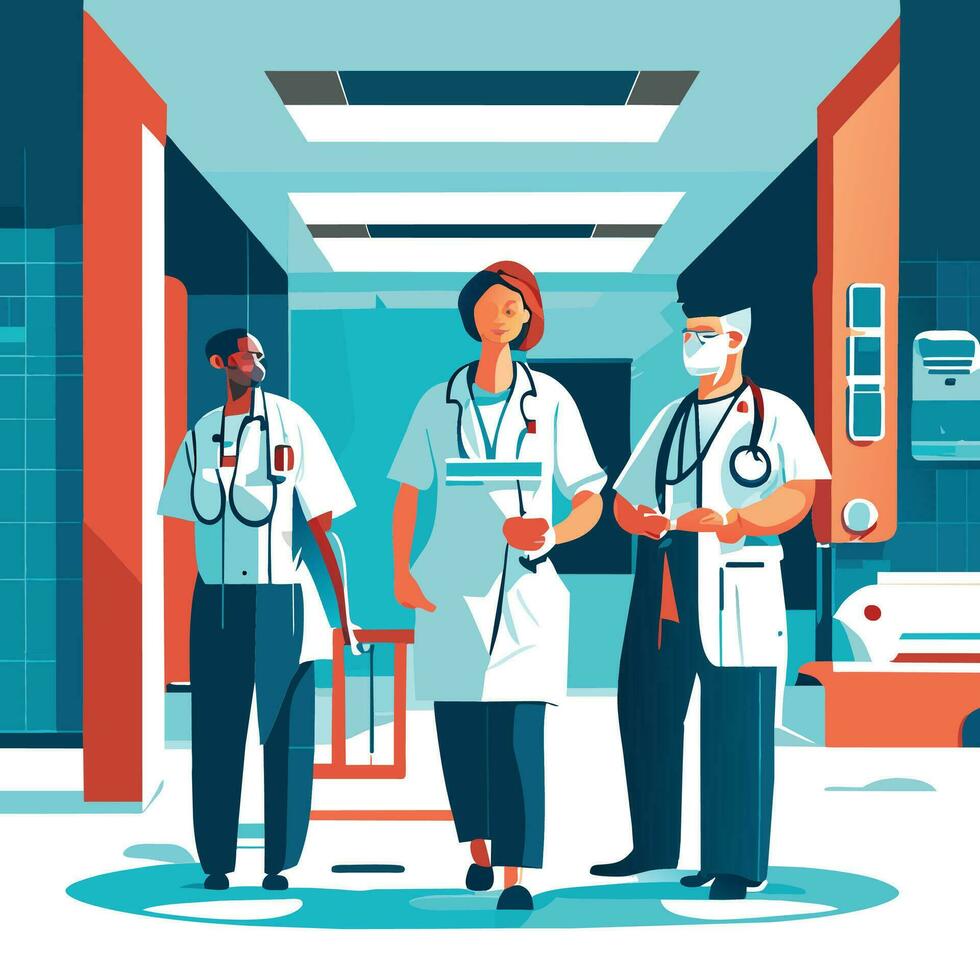 doctores y enfermeras en blanco Saco con estetoscopio, grupo de hospital médico personal en pie juntos con brazos cruzado. vector