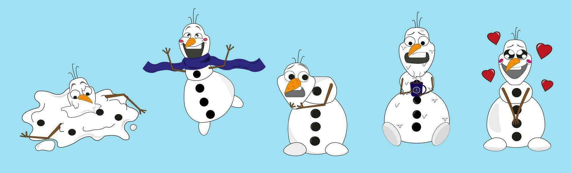 Set of Cute Cartoon Christmas snowmen characters. Vector