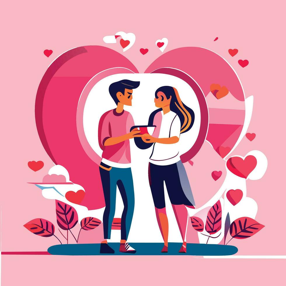 couple in mobile phone sending pink heart and love gift. vector