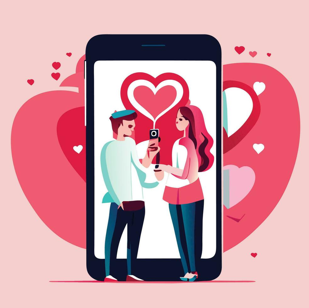 couple in mobile phone sending pink heart and love gift. vector