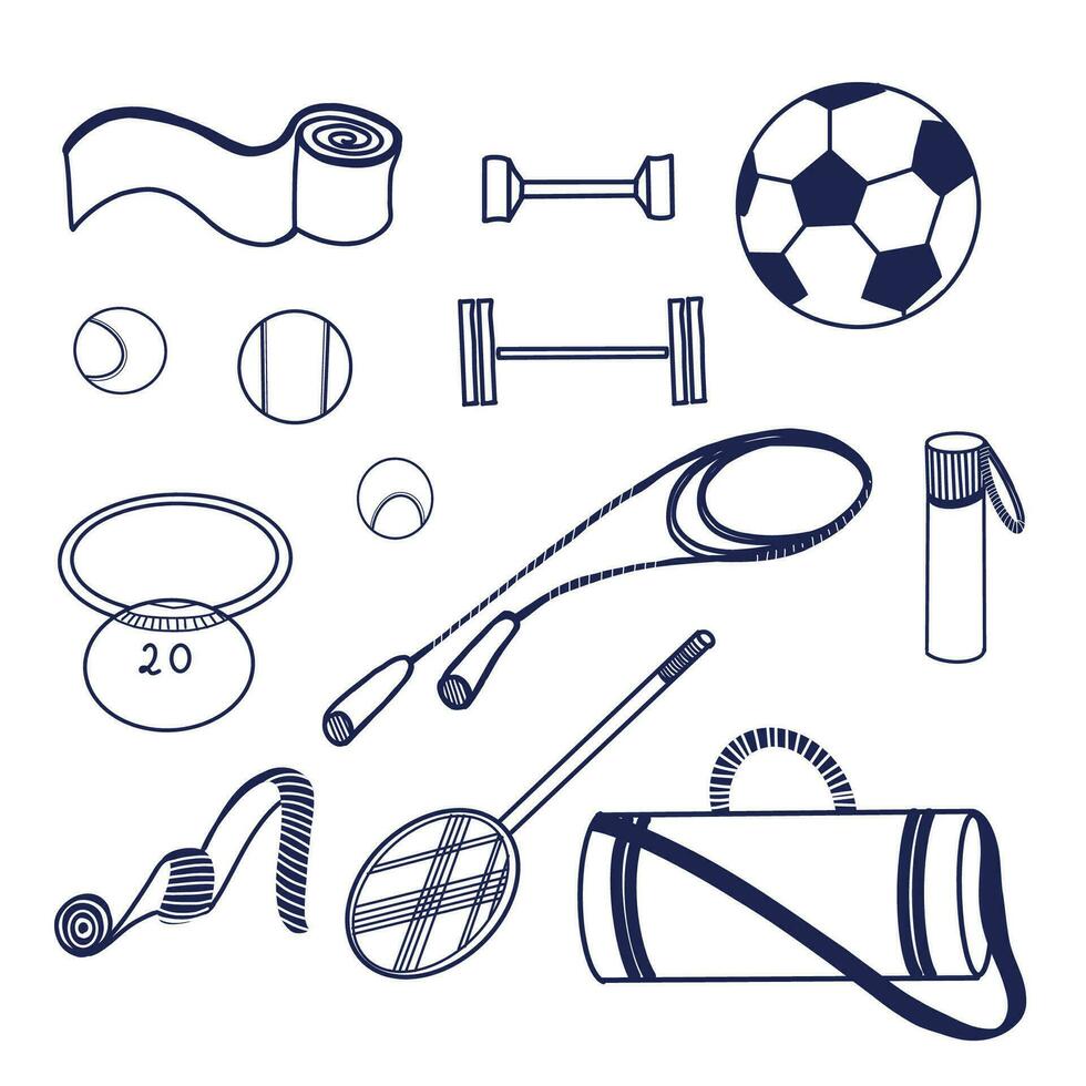 Set of illustrations. Sports equipment - tennis racket, dumbbells, bag, balls, jump rope, scales, water bottle, kettlebell drawn in vector on a tablet in dark blue. For print, design.