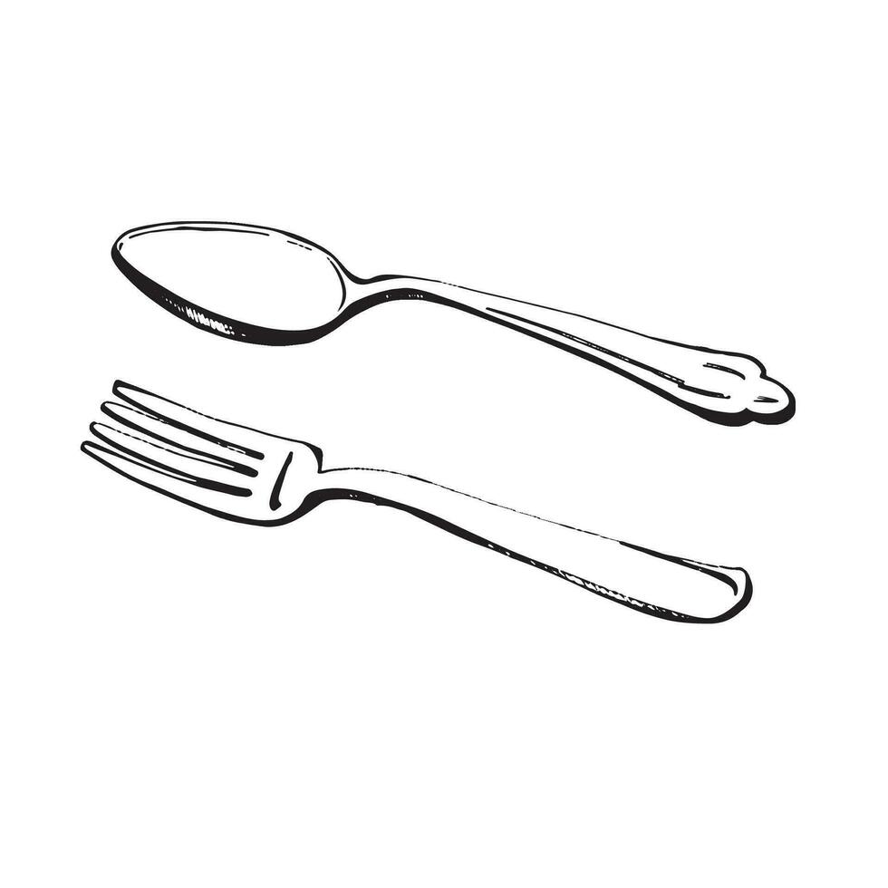 Set of vector illustrations. Fork, teaspoon drawn in black in vector on a white background. Suitable for printing on fabric, paper, for creativity, design.