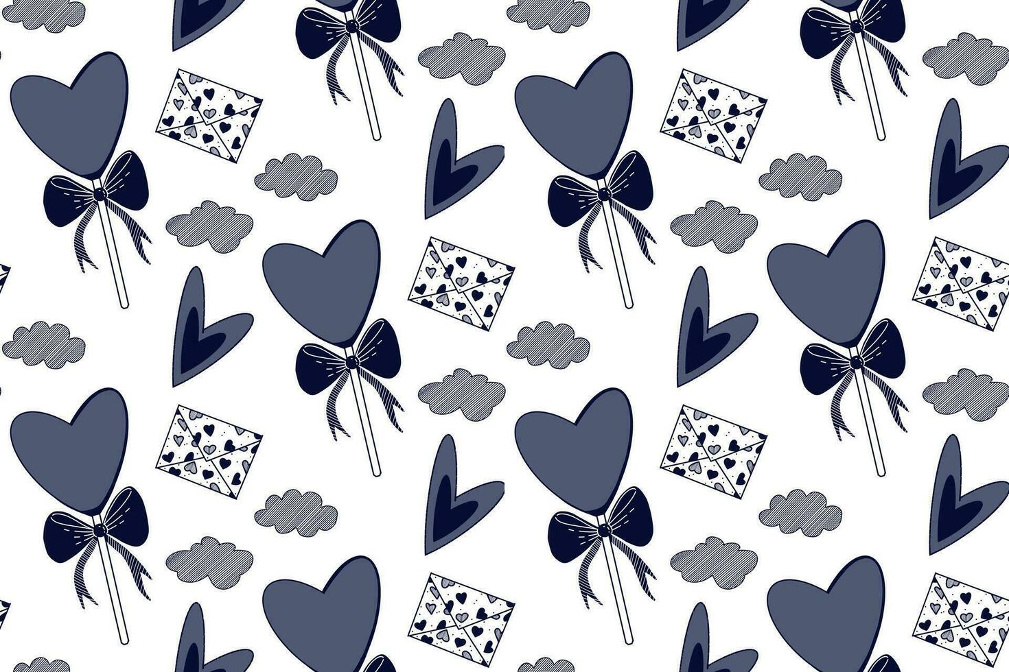 Seamless pattern for Valentine's Day. Vector pattern with love letters, clouds, hearts and lollipops with bows. Suitable for print, holiday, invitations and creativity.