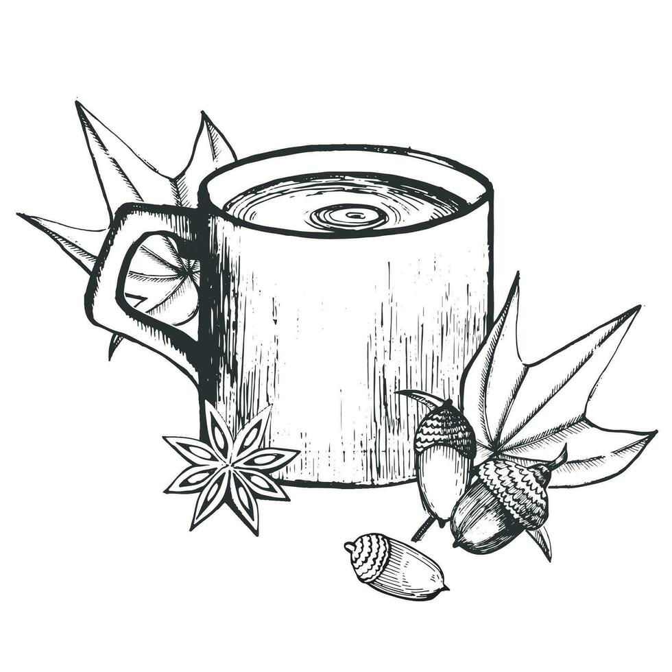 Tea mug with cardamom star, maple leaves, acorns drawn in vector on a white background, in black. Suitable for printing on fabric, paper, and kitchen decor.