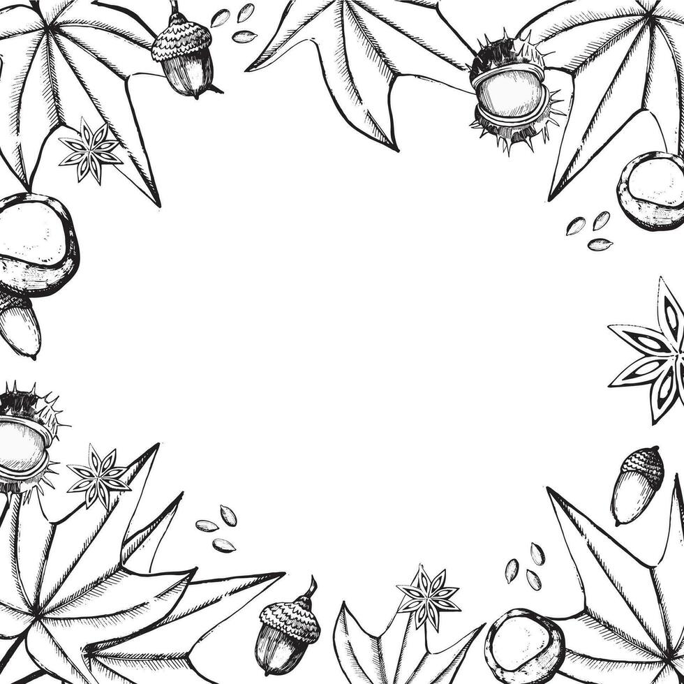 cuadrado marco en un otoño tema. arce hojas, nueces, castañas, planta semillas en un blanco antecedentes. adecuado para impresión, textiles, artesanía, invitaciones y álbum de recortes vector