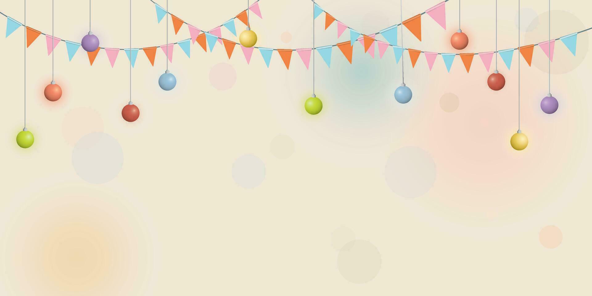 Colorful hanging flag garlands and evening balls with blurred background vector illustration. Party background template have blank space.