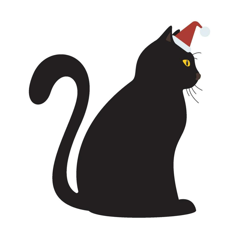 negro gato vistiendo Papa Noel sombrero sentado lado ver aislado en blanco antecedentes plano diseño vector ilustración.