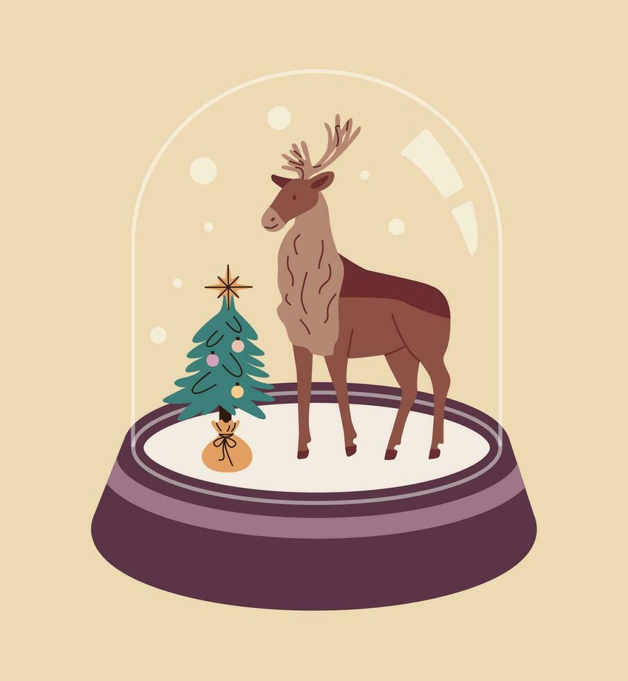 Glass snow globe with Christmas tree and deer. Podium under transparent glass dome. Flat vector illustration.