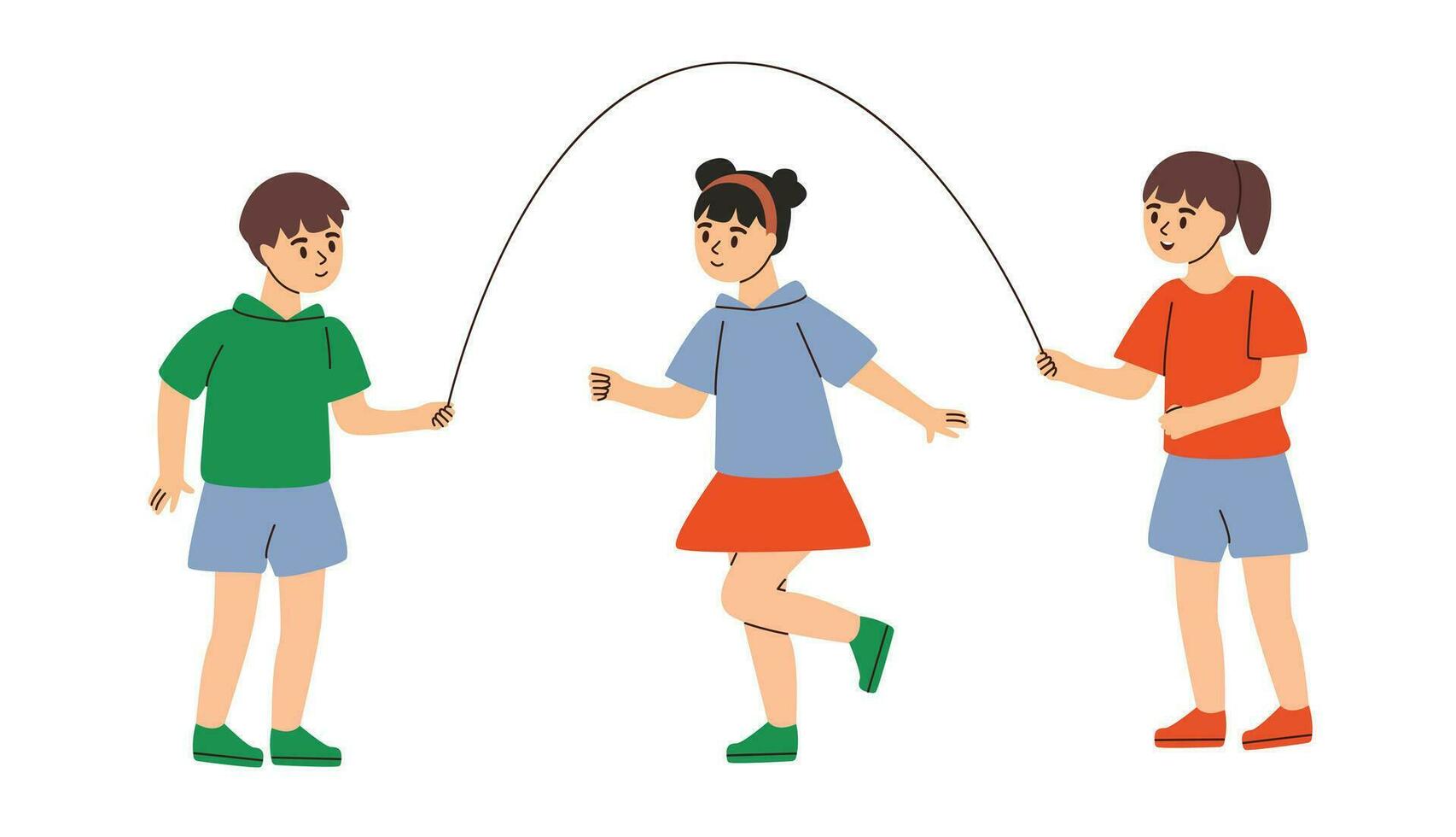 Children jump rope.. Outside kids activities and games, summer outdoor pastime. Flat vector illustration.