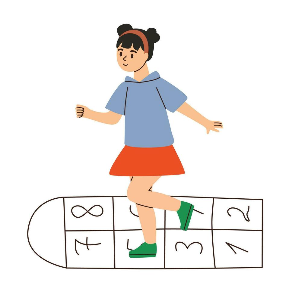 Girl plays hopscotch. Outside kids activities and games, summer outdoor pastime. Flat vector illustration.