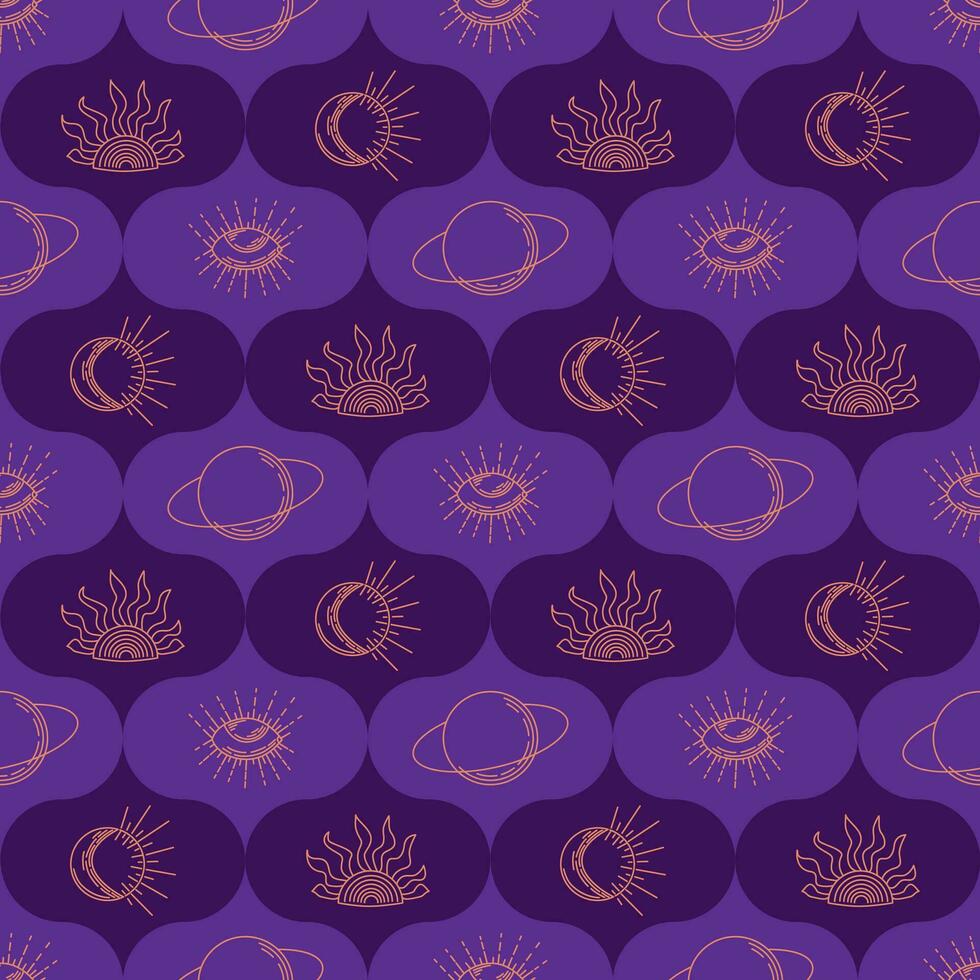 Purple outline seamless pattern with mystery items. Duotone contour esoteric elements. Print design good for background, wrapping, textile, background, scrapbooking, stationary vector