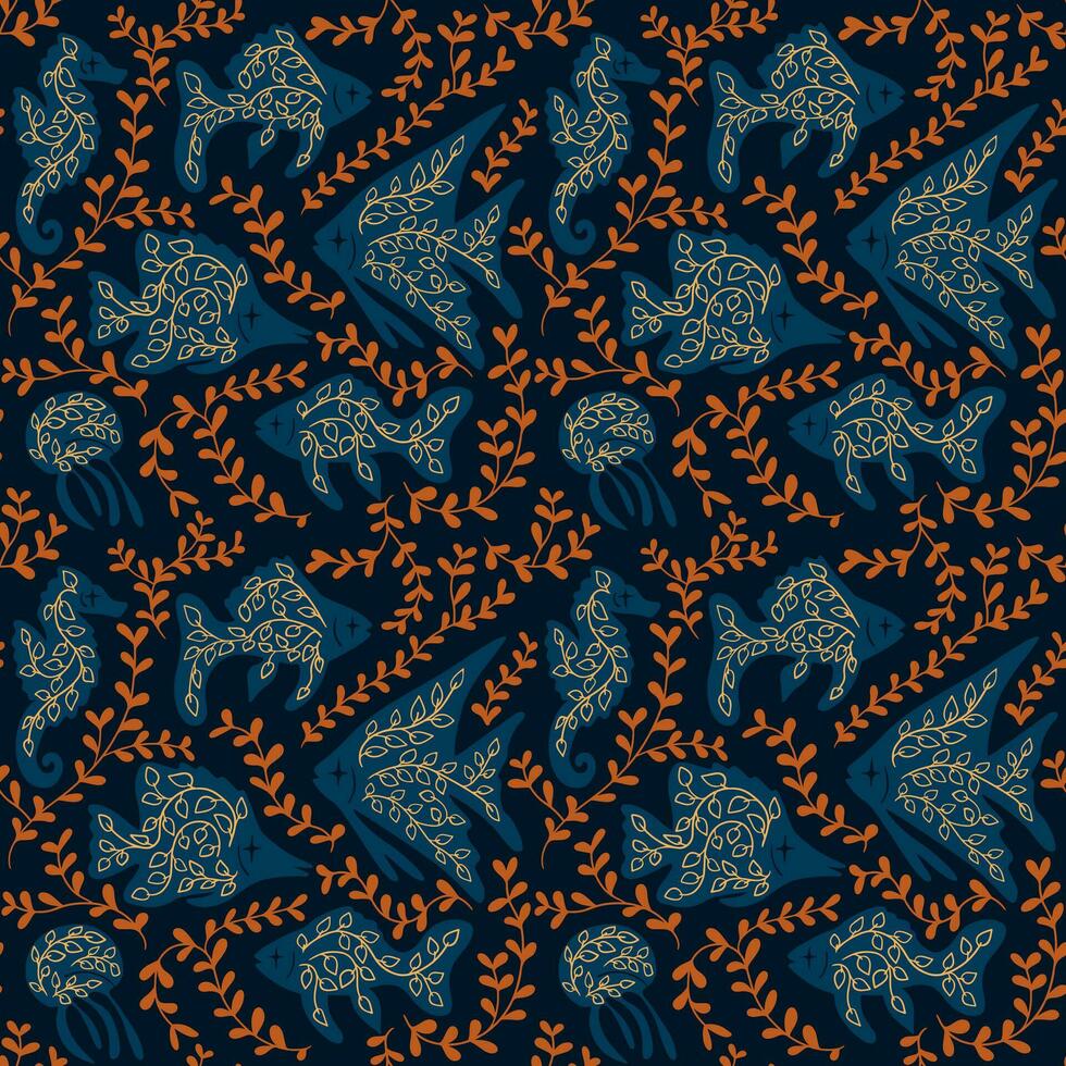 Secret mystical flat pattern with fish and plants. Hand drawn sea creatures on dark background. Dark theme. Good for background, wrapping, textile, background, scrapbooking vector