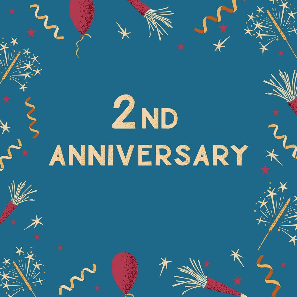 Greeting vector card with text 2 anniversary. Frame design print with celebrating elements with dotted texture on blue background. Good for social media graphics, background, banner