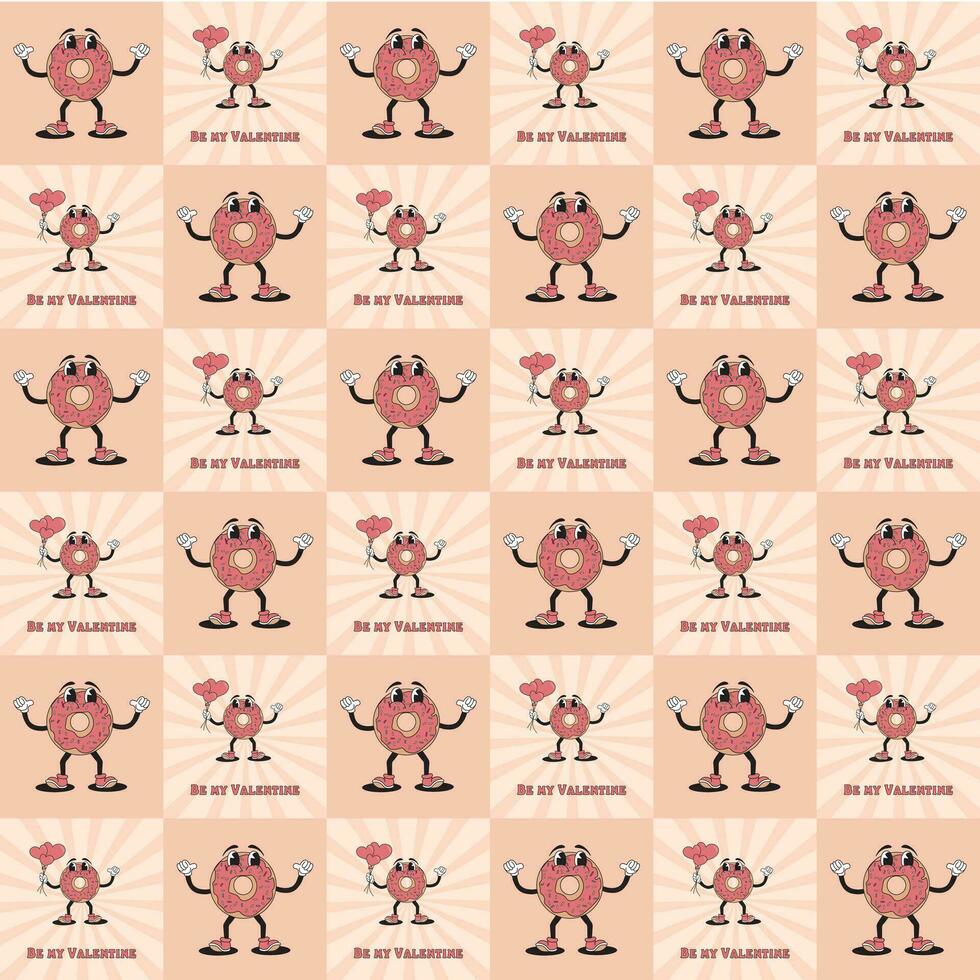 Retro Valentine's Day donut print. Seamless pattern in groove style with donuts. Vector illustration