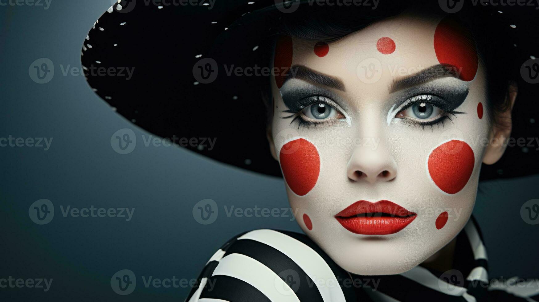 Vintage clown makeup artistry in red black and white isolated on a gradient background photo