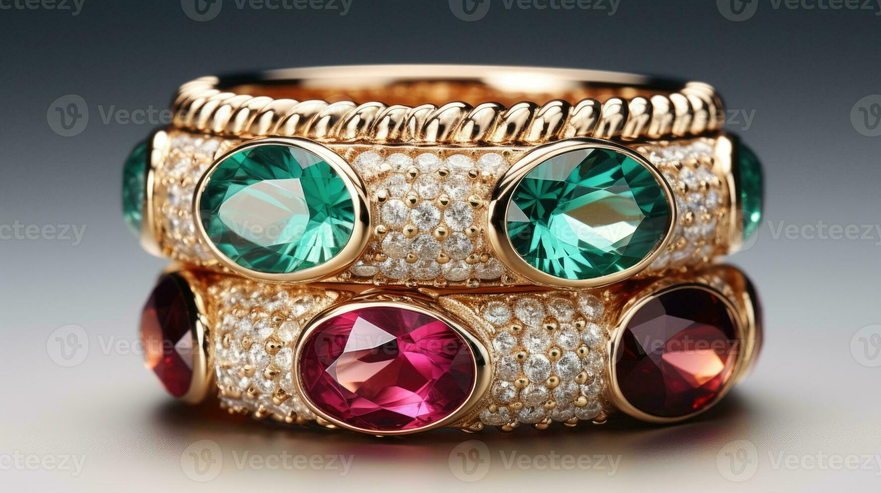 Circus themed ruby emerald and gold jewelry isolated on a gradient background photo