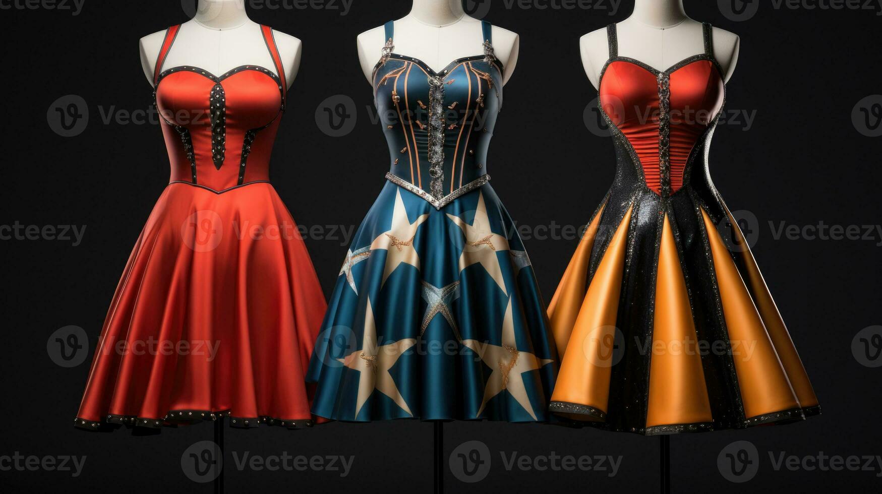 Retro circus costumes gleam in bold crimson midnight blue and silver photo