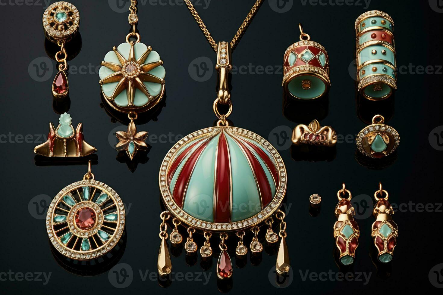 Circus themed ruby emerald and gold jewelry isolated on a gradient background photo