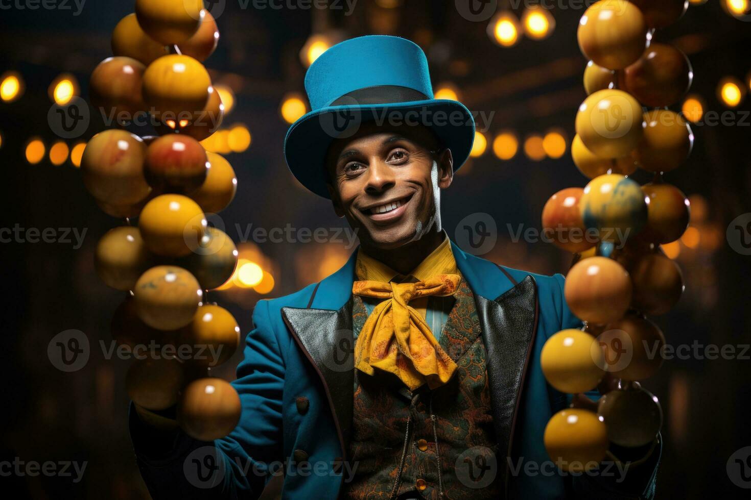 Vibrant juggler act at circus bathed in lively cyan yellow and violet photo