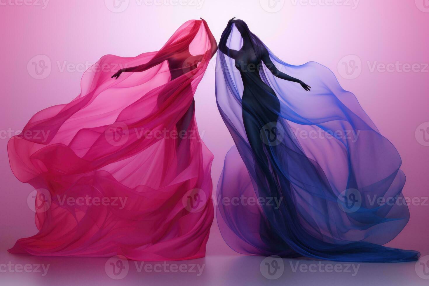 Aerial silk performers in fuschia and indigo isolated on a gradient background photo