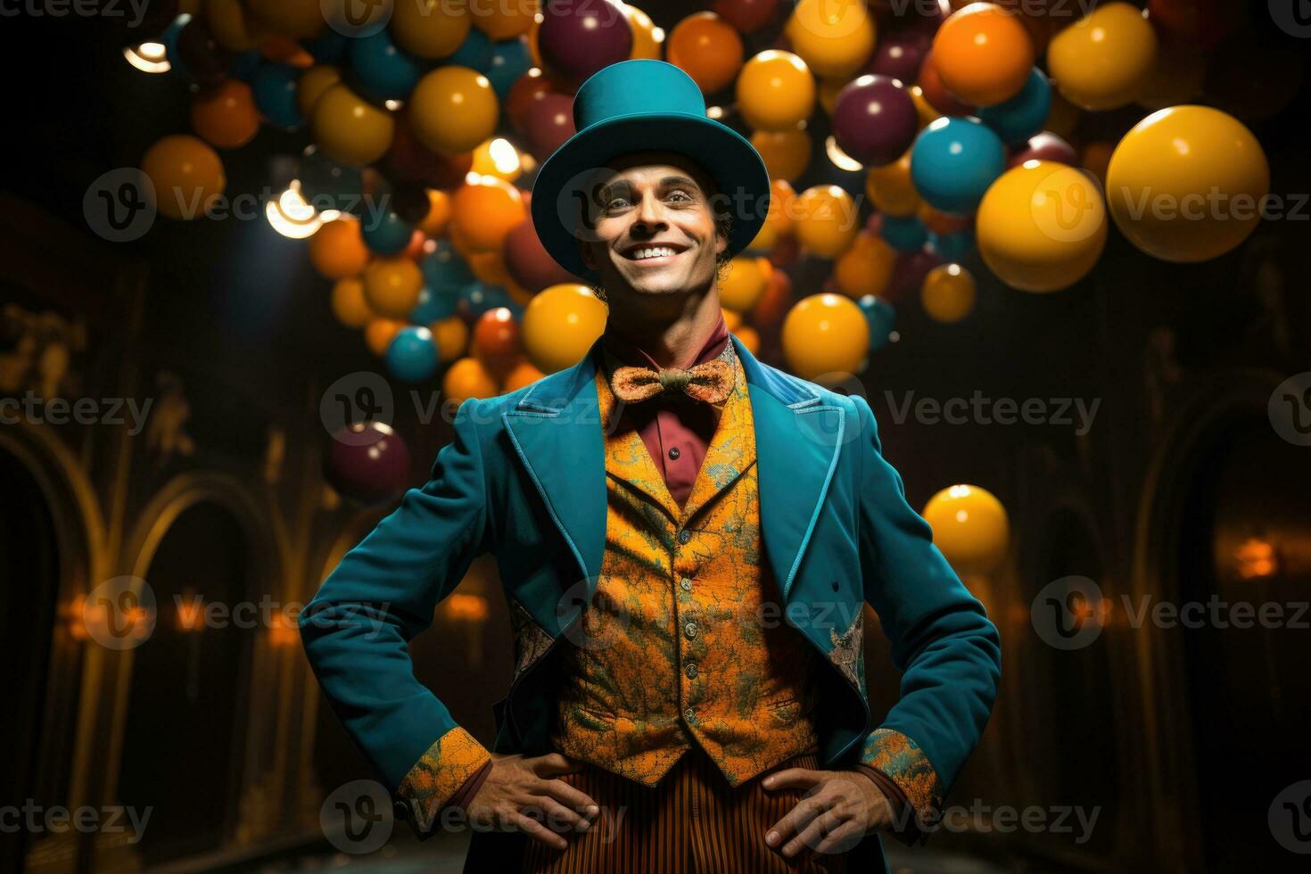 Vibrant juggler act at circus bathed in lively cyan yellow and violet photo