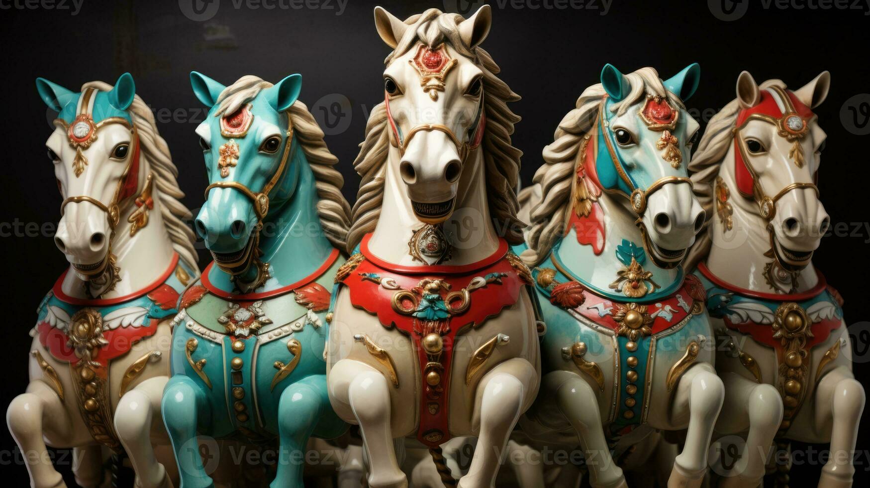 Circus carousel horses radiate in playful turquoise candy apple red and creamy white photo