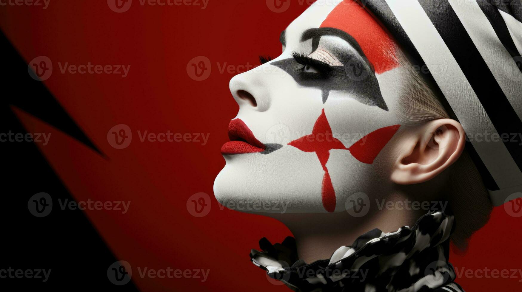 Vintage clown makeup artistry in red black and white isolated on a gradient background photo