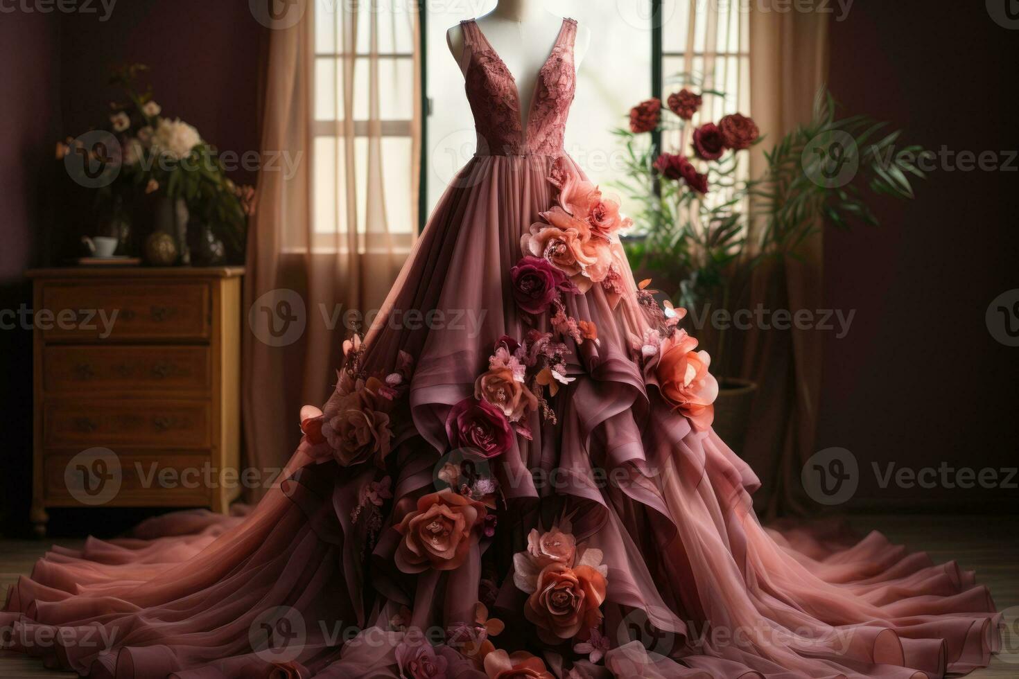 Unconventional bohemian burgundy wedding dress isolated on a gradient rose gold background photo