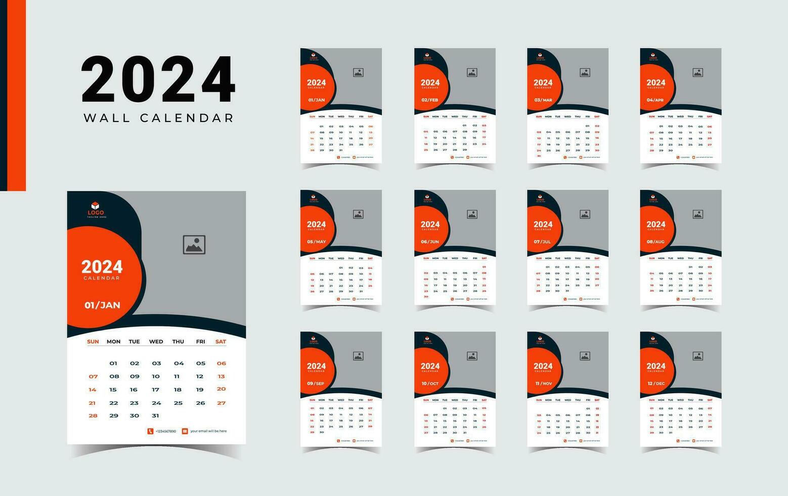 New year calendar for 2024, week start Sunday corporate design planner template. Wall calendar in a minimalist style. vector