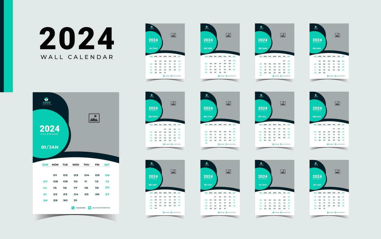 New year calendar for 2024, week start Sunday corporate design planner template. Wall calendar in a minimalist style. vector