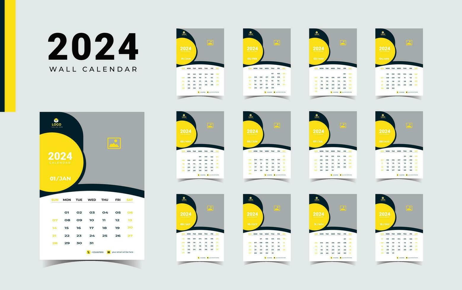 New year calendar for 2024, week start Sunday corporate design planner template. Wall calendar in a minimalist style. vector