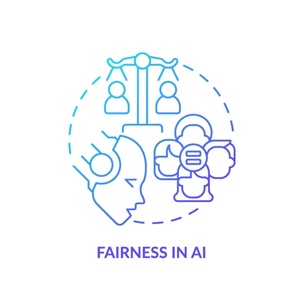 2D gradient fairness in AI icon, simple isolated vector, cyber law thin line illustration. vector