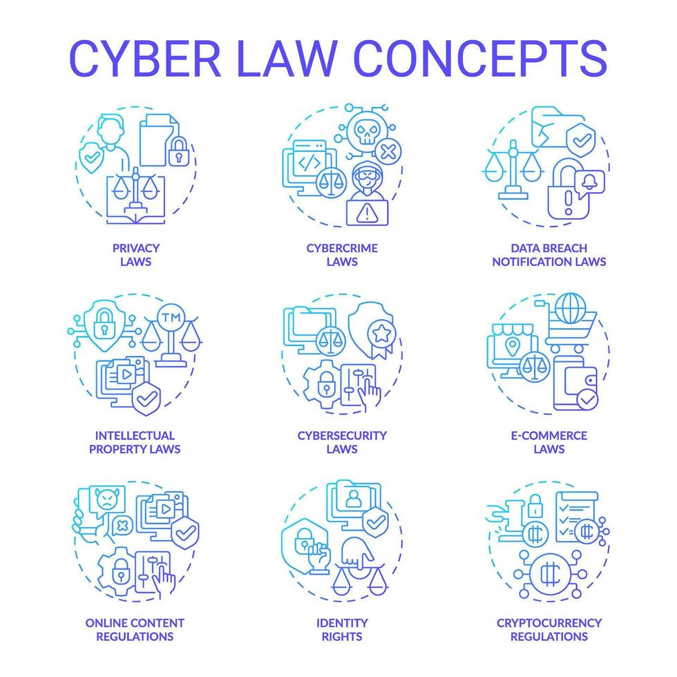 Collection of 2D gradient thin line icons representing cyber law, isolated vector, linear illustration. vector