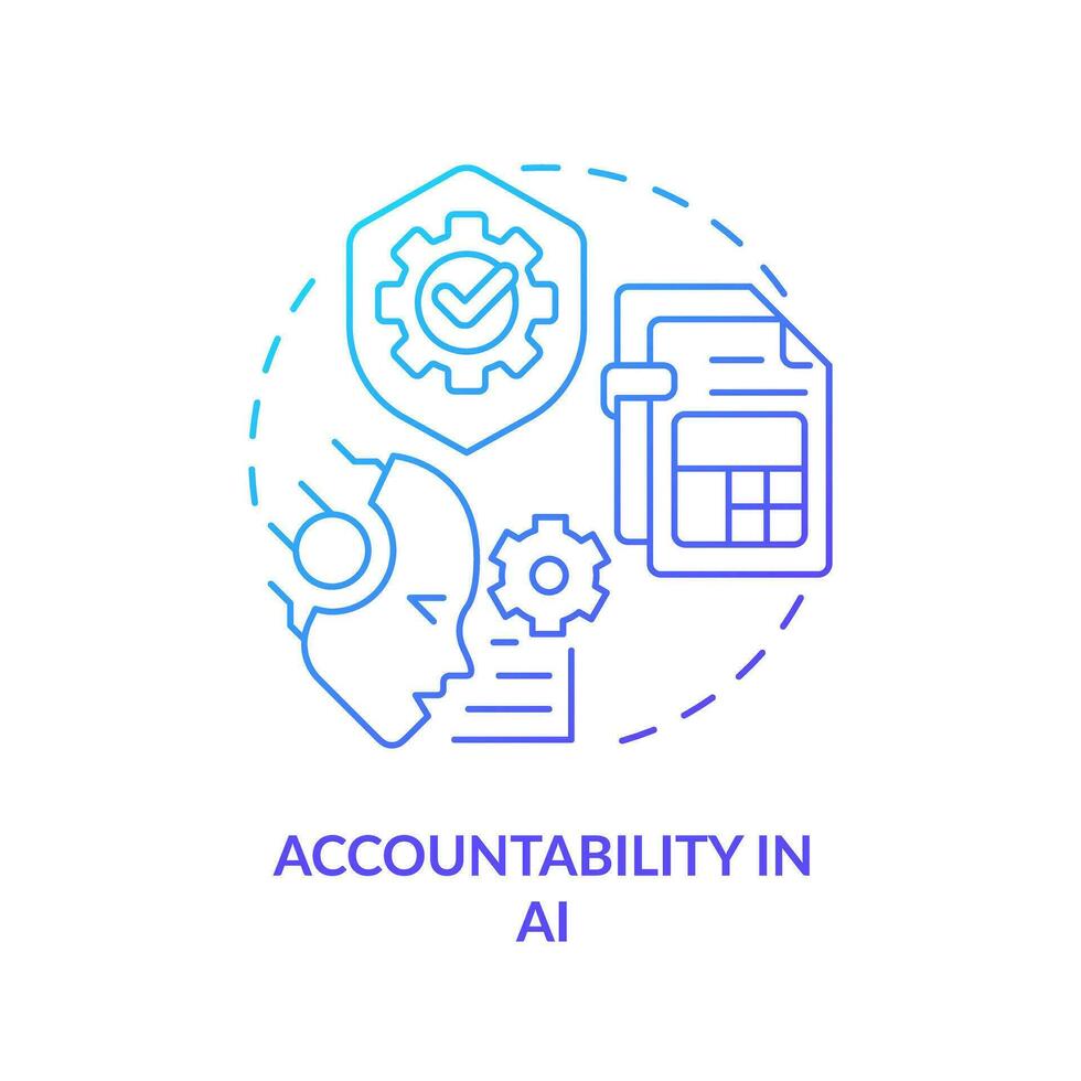 2D gradient accountability in AI icon, simple isolated vector, cyber law thin line illustration. vector