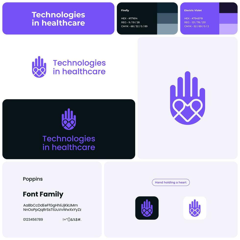 2d tecnologías en cuidado de la salud logo con marca nombre. mano participación un corazón icono. diseño elemento. visual identidad. modelo con poppins fuente. adecuado para cuidado de la salud, tecnología, médico, innovación. vector