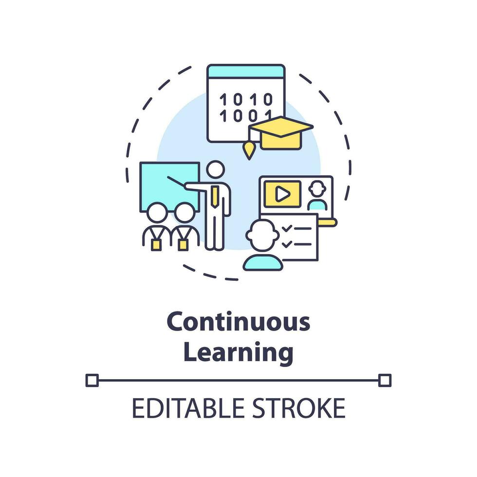 2D editable multicolor continuous learning icon, simple isolated vector, AI engineer thin line illustration. vector