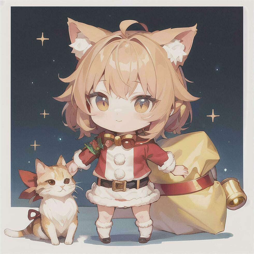 Cute Chibi Cat Girl Wearing Christmas Costume As Santa Claus Anime Style photo
