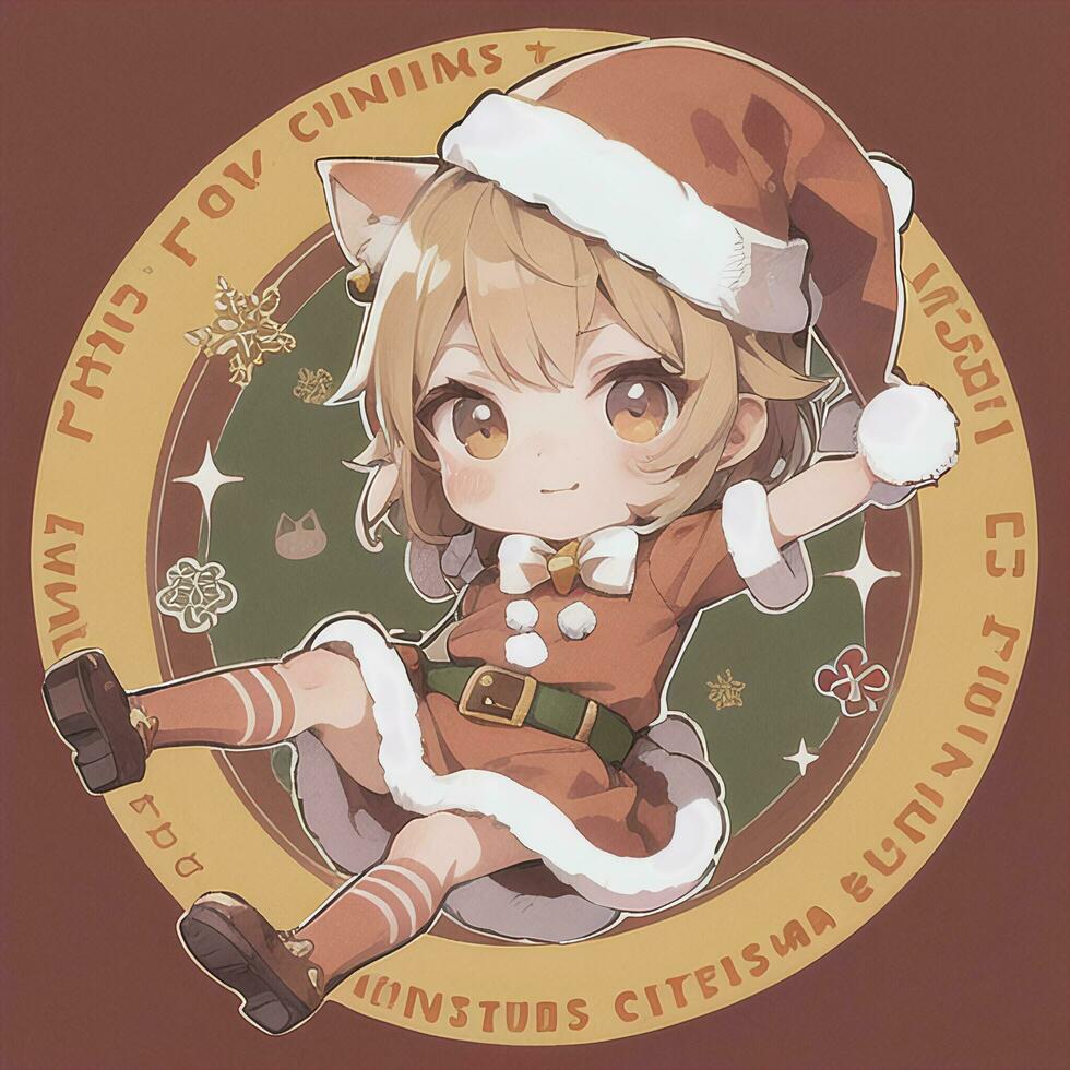 Cute Chibi Cat Girl Wearing Christmas Costume As Santa Claus Anime Style photo