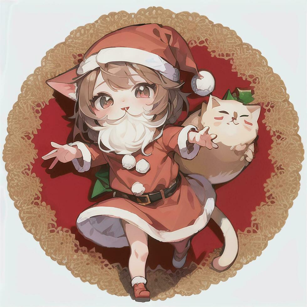 Cute Chibi Cat Girl Wearing Christmas Costume As Santa Claus Anime Style photo