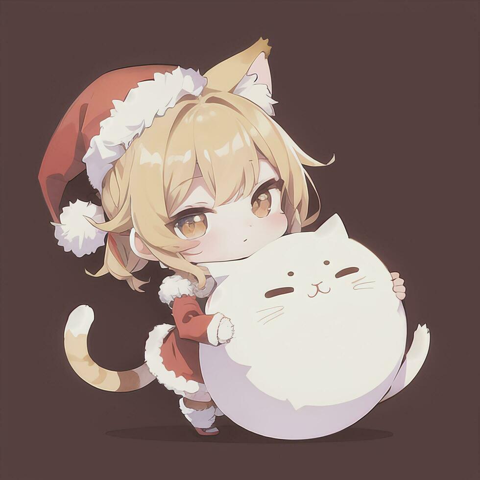 linda chibi gato niña vistiendo Navidad disfraz como Papa Noel claus anime estilo foto