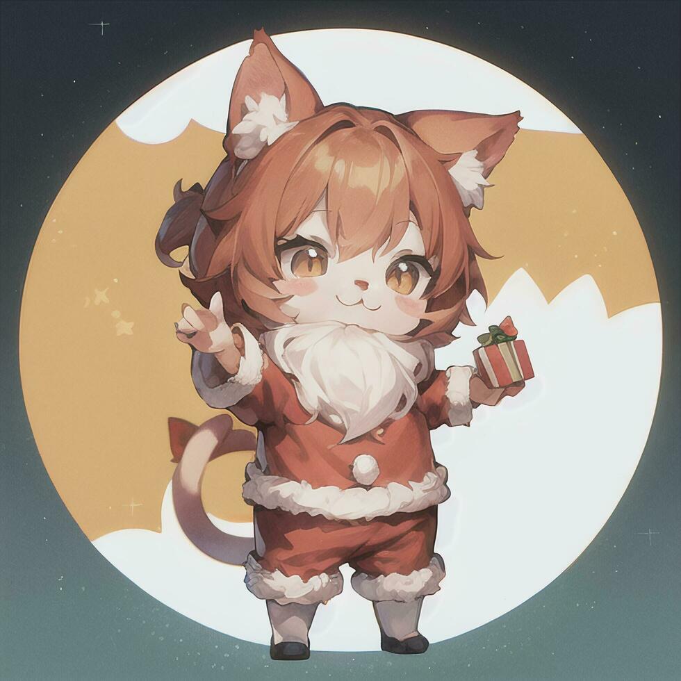 linda chibi gato niña vistiendo Navidad disfraz como Papa Noel claus anime estilo foto