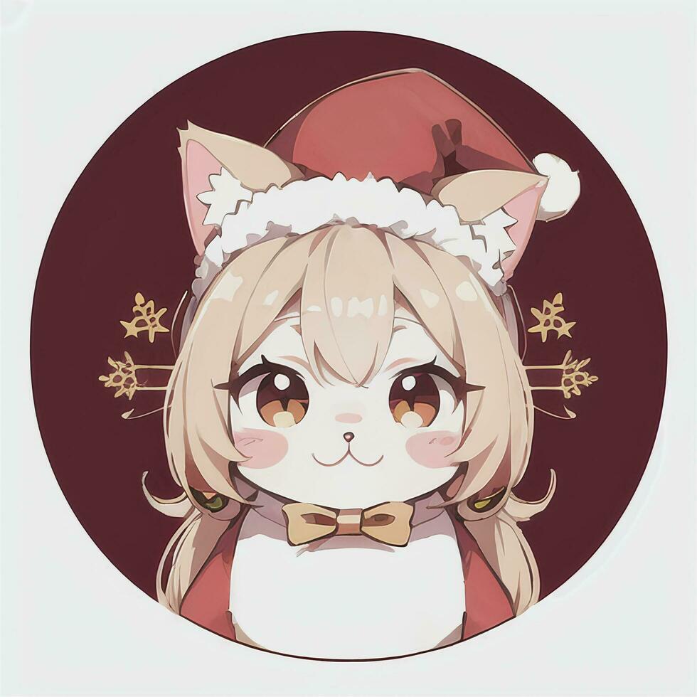 Cute Chibi Cat Girl Wearing Christmas Costume As Santa Claus Anime Style photo