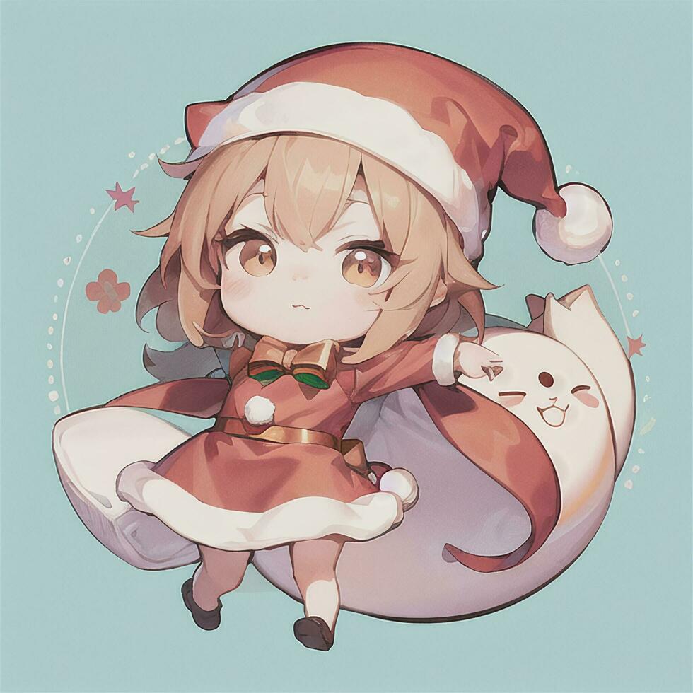 Cute Chibi Cat Girl Wearing Christmas Costume As Santa Claus Anime Style photo