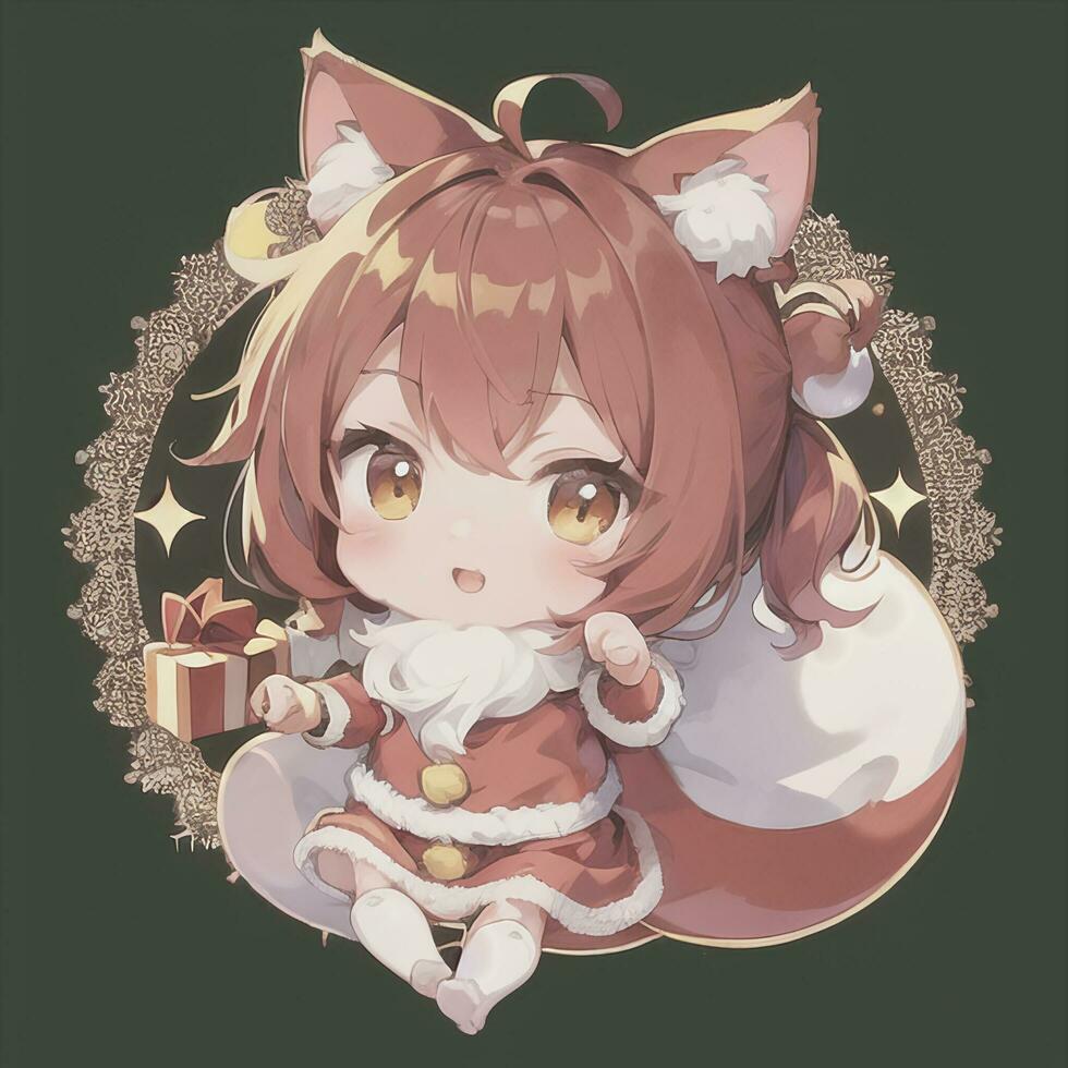 Cute Chibi Cat Girl Wearing Christmas Costume As Santa Claus Anime Style photo