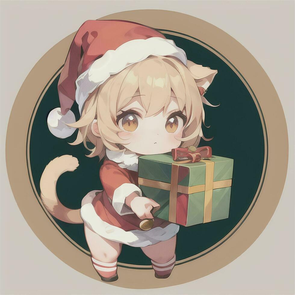 Cute Chibi Cat Girl Wearing Christmas Costume As Santa Claus Anime Style photo