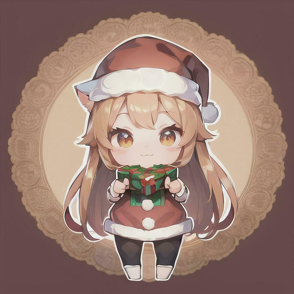 linda chibi gato niña vistiendo Navidad disfraz como Papa Noel claus anime estilo foto