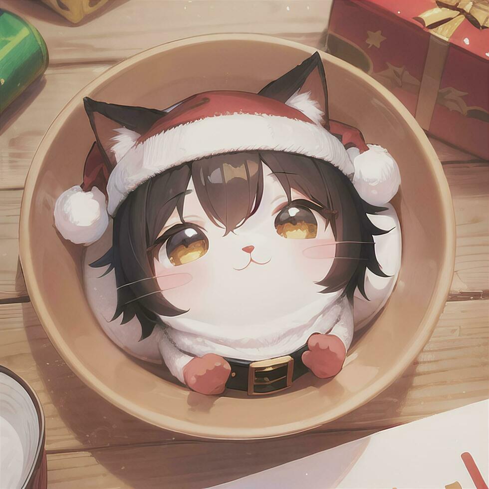 Cute Chibi Cat Girl Wearing Christmas Costume As Santa Claus Anime Style photo