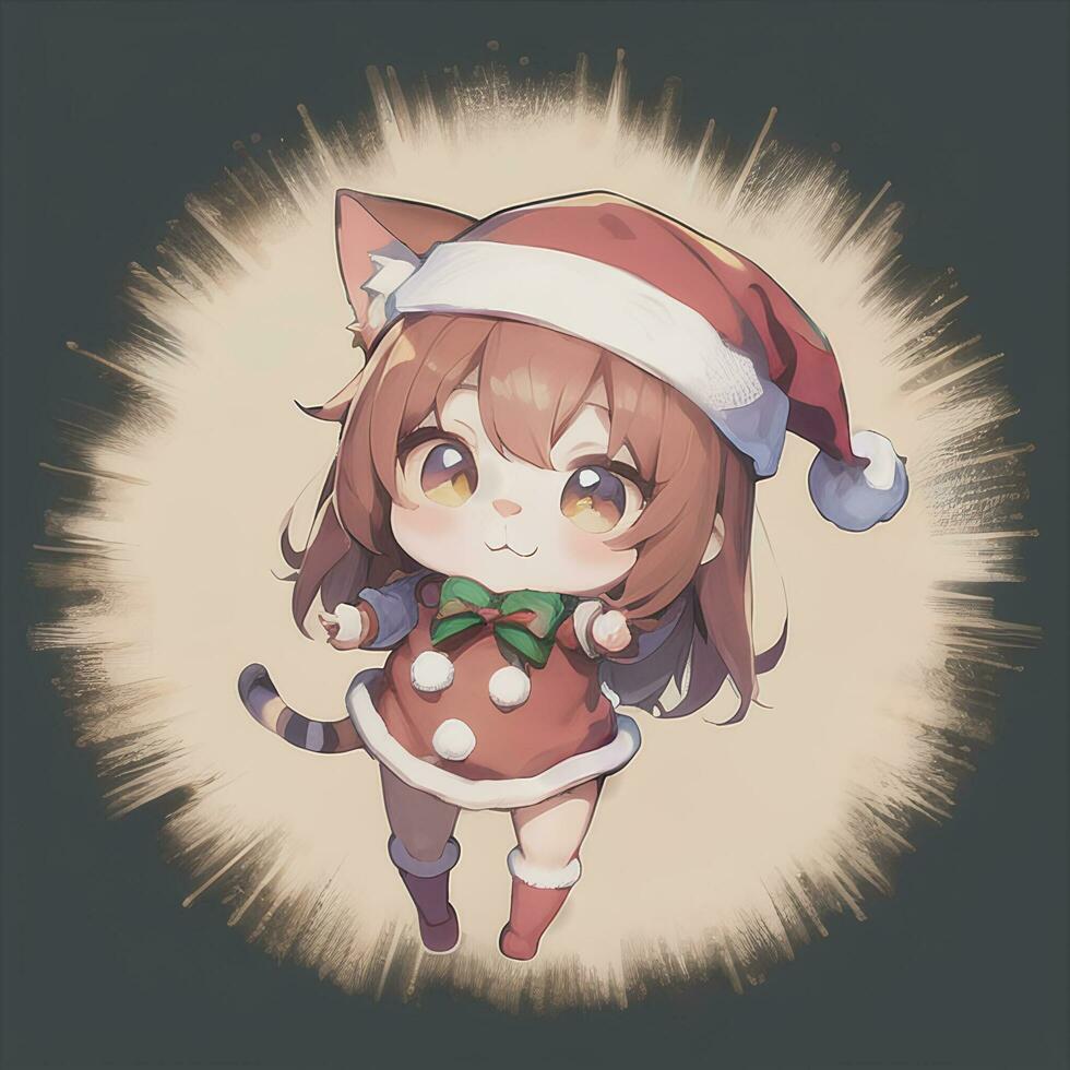 Cute Chibi Cat Girl Wearing Christmas Costume As Santa Claus Anime Style photo