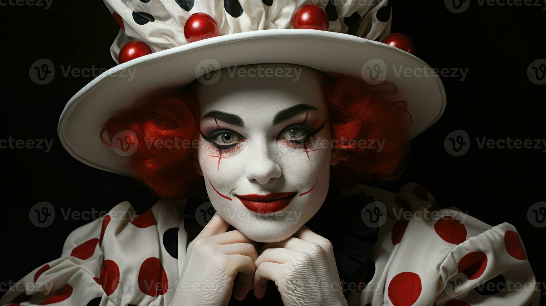 Classic clown portraiture rich in jovial red mysterious black and pristine white photo