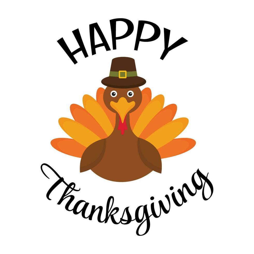 Happy Thanksgiving card with holiday turkey. Thanksgiving day printable tag, sticker. Fall appreciation Thank you illustration with typography messages. vector